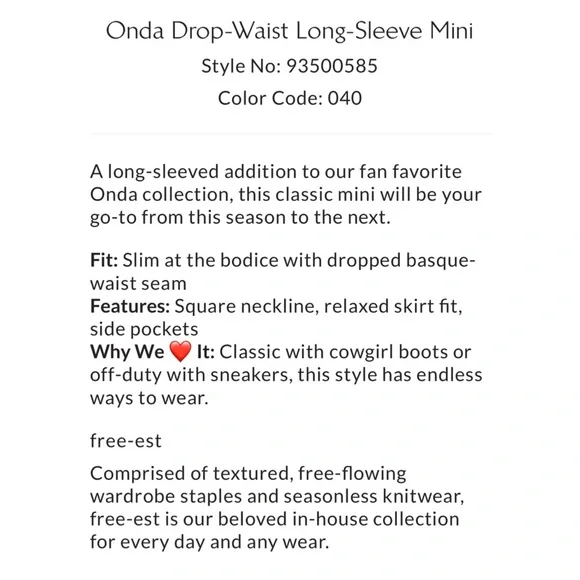 💫 FREE PEOPLE Onda Drop-Waist Long Sleeve Mini Flattering Fit M Dress NWTS - Picture 8 of 8